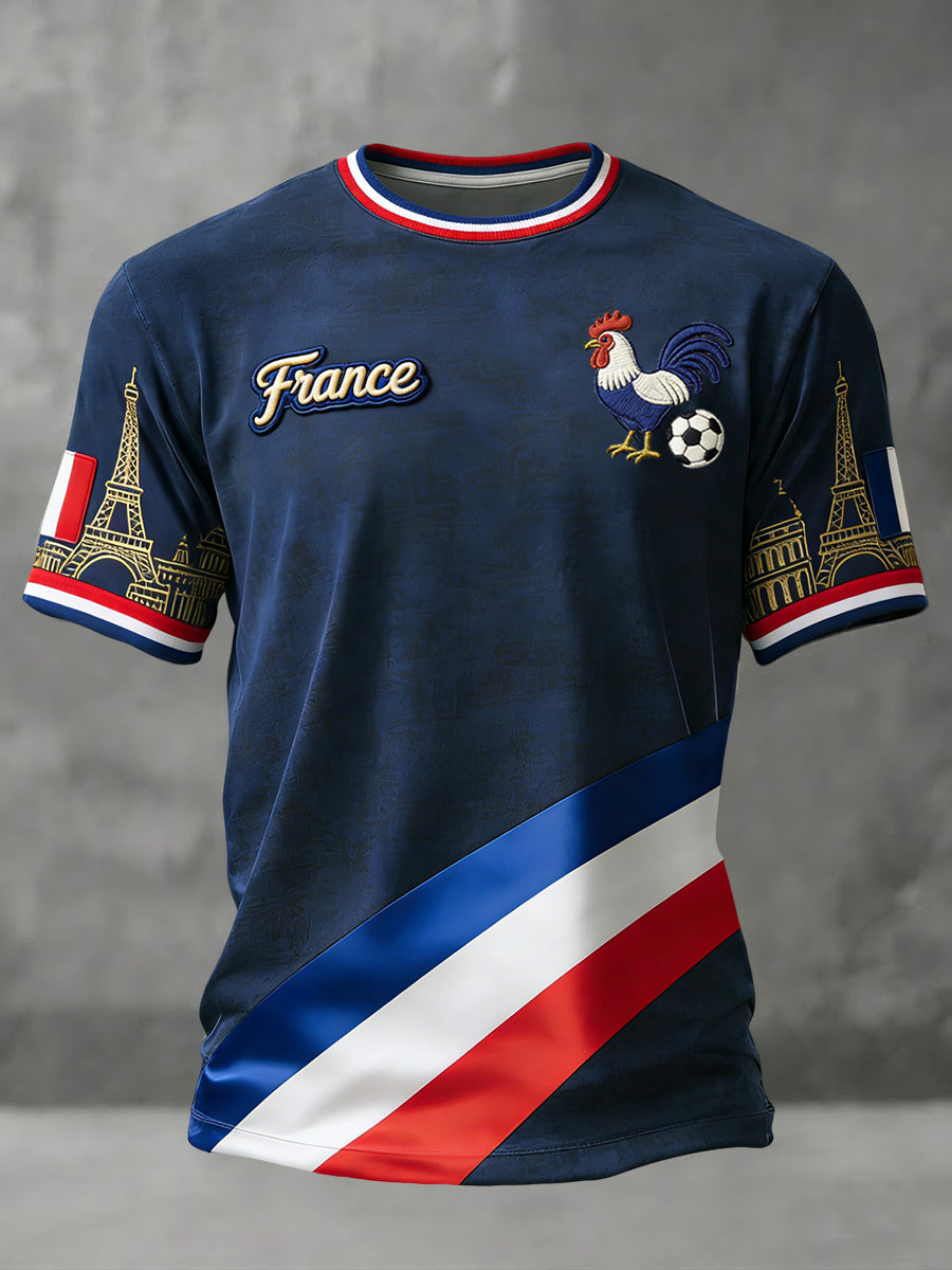 T-shirt décontracté artistique en patchwork à l’effigie des fans de football français rétro 2026