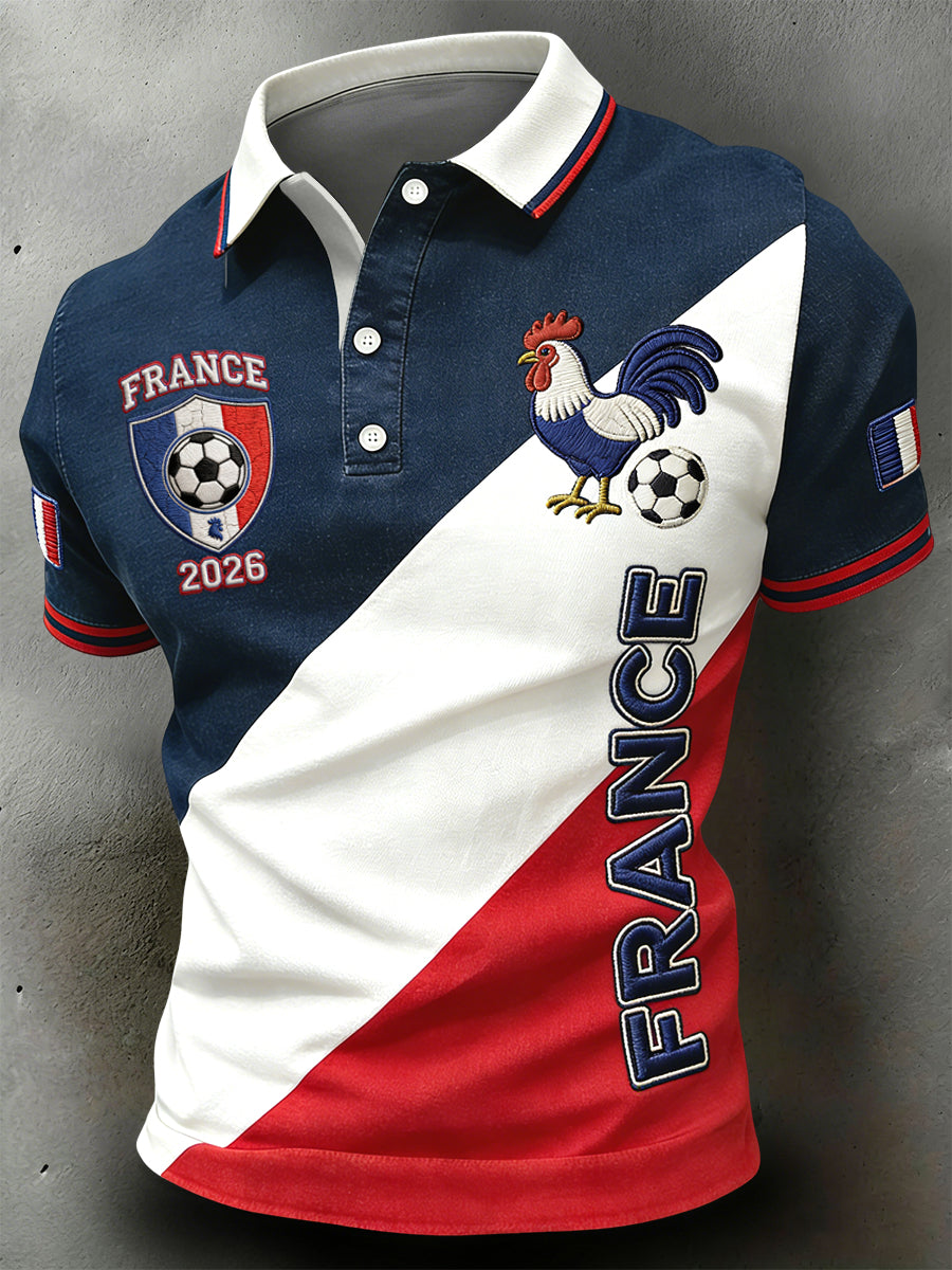 Polo de football rétro français 2026 à motifs géométriques, style décontracté et artistique