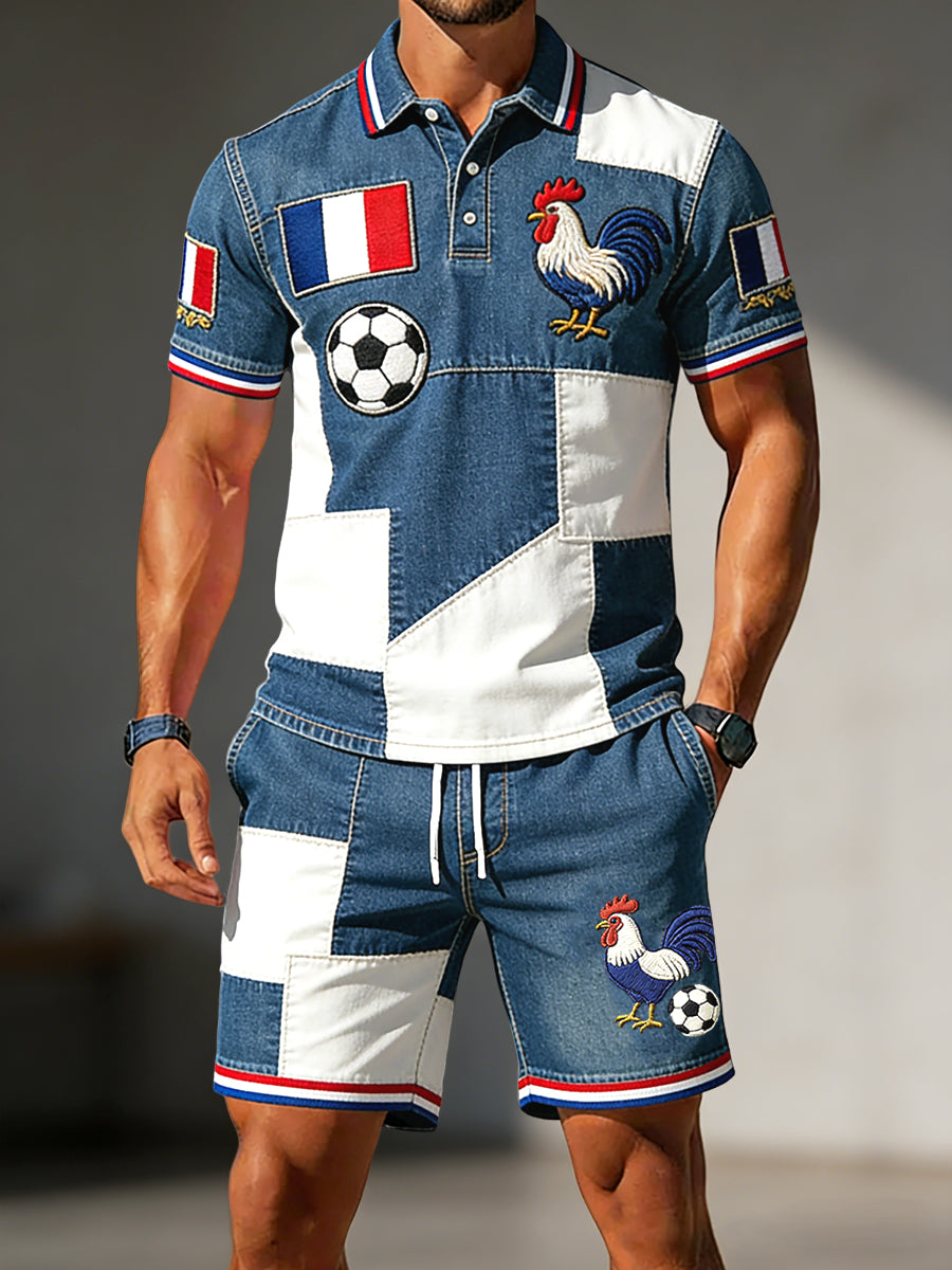 Ensemble décontracté polo et short en patchwork géométrique rétro français 2026