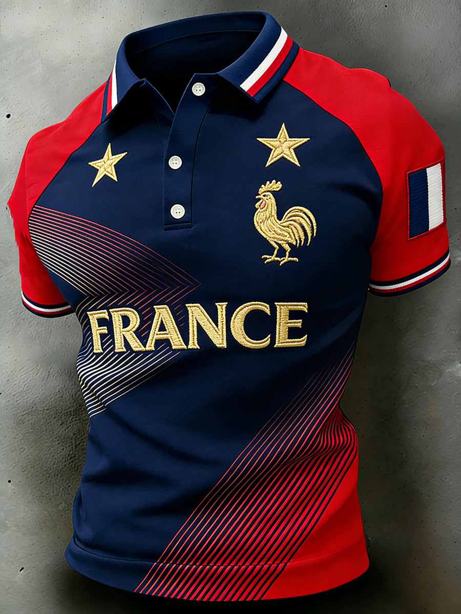 Polo manches raglan pour hommes à imprimé brodé sur le thème du football