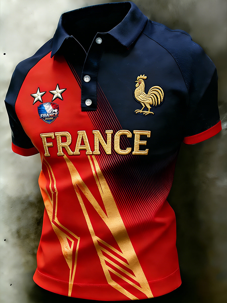 Polo manches raglan pour hommes à imprimé brodé sur le thème du football