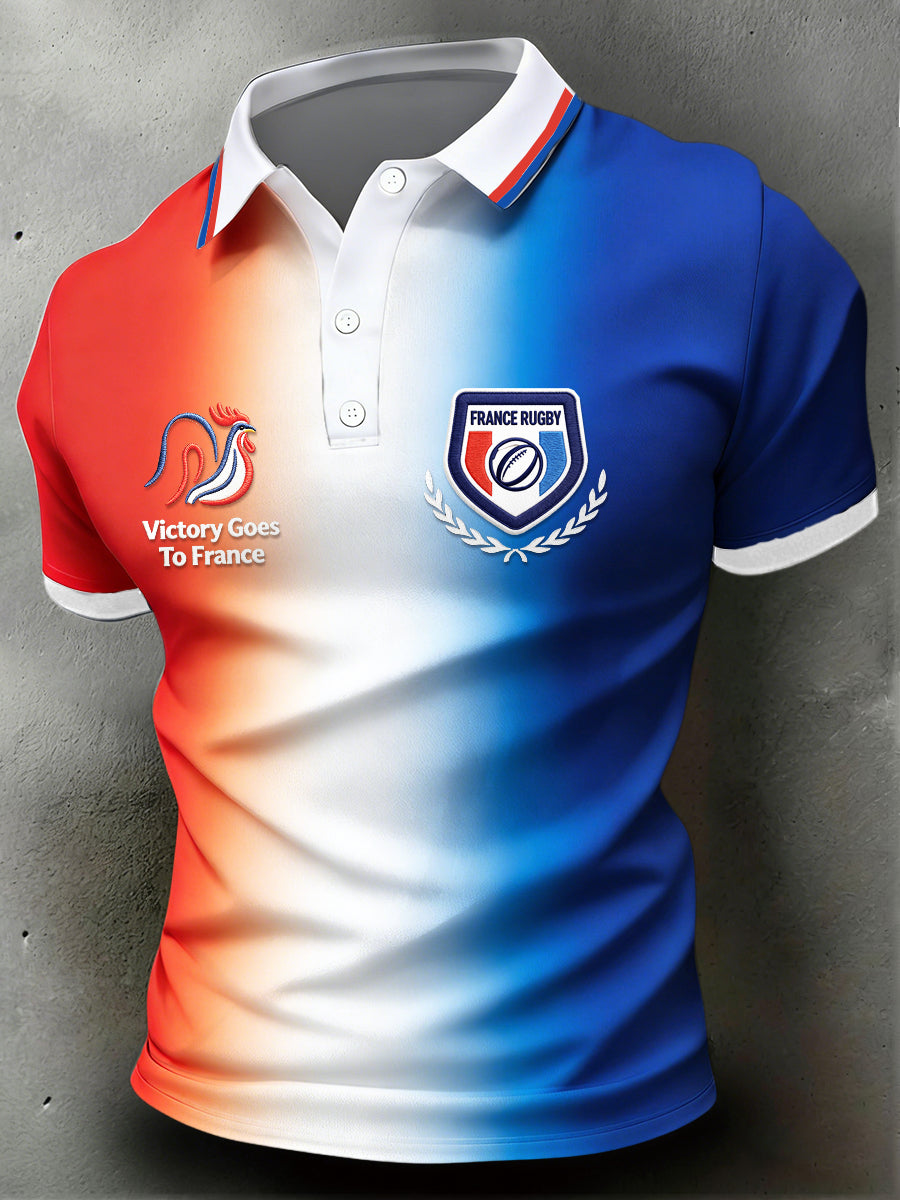 Polo décontracté vintage à imprimé rugby drapeau français pour homme
