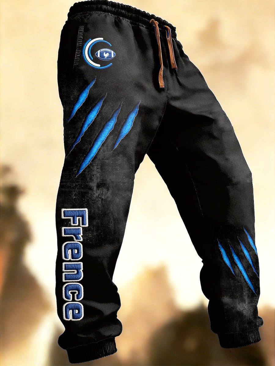 Pantalon de sport décontracté à imprimé rugby français noir pour homme