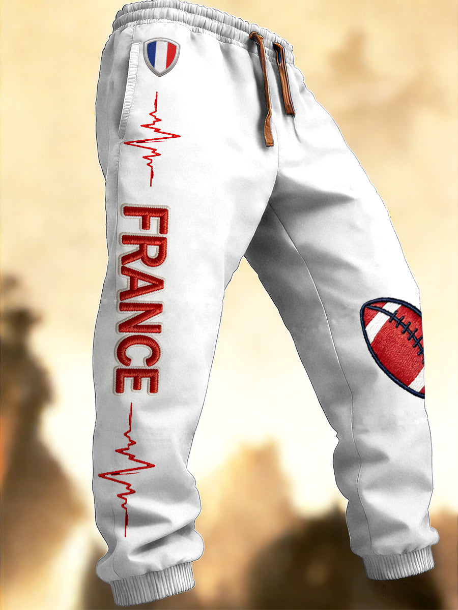 Pantalon de sport décontracté blanc à imprimé rugby à drapeau français pour homme