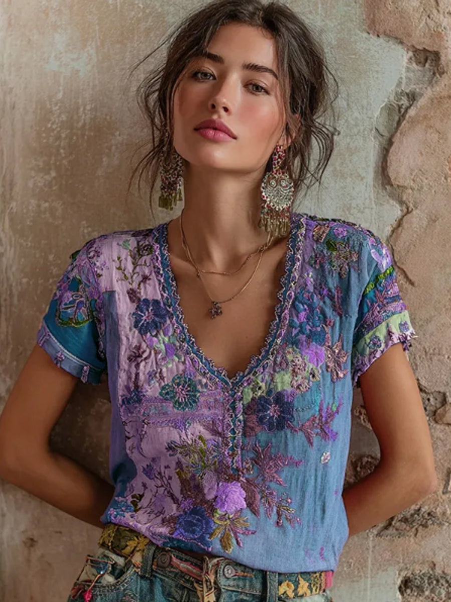 Bohème Floral Broderie Art V-cou Contraste Couleur Lin Mélange T-shirt Femme