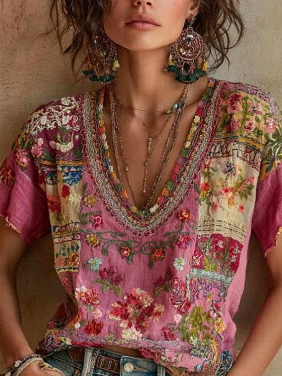 T-shirt bohème pour femmes en mélange de lin, à col en V, avec broderie florale et contraste de couleurs