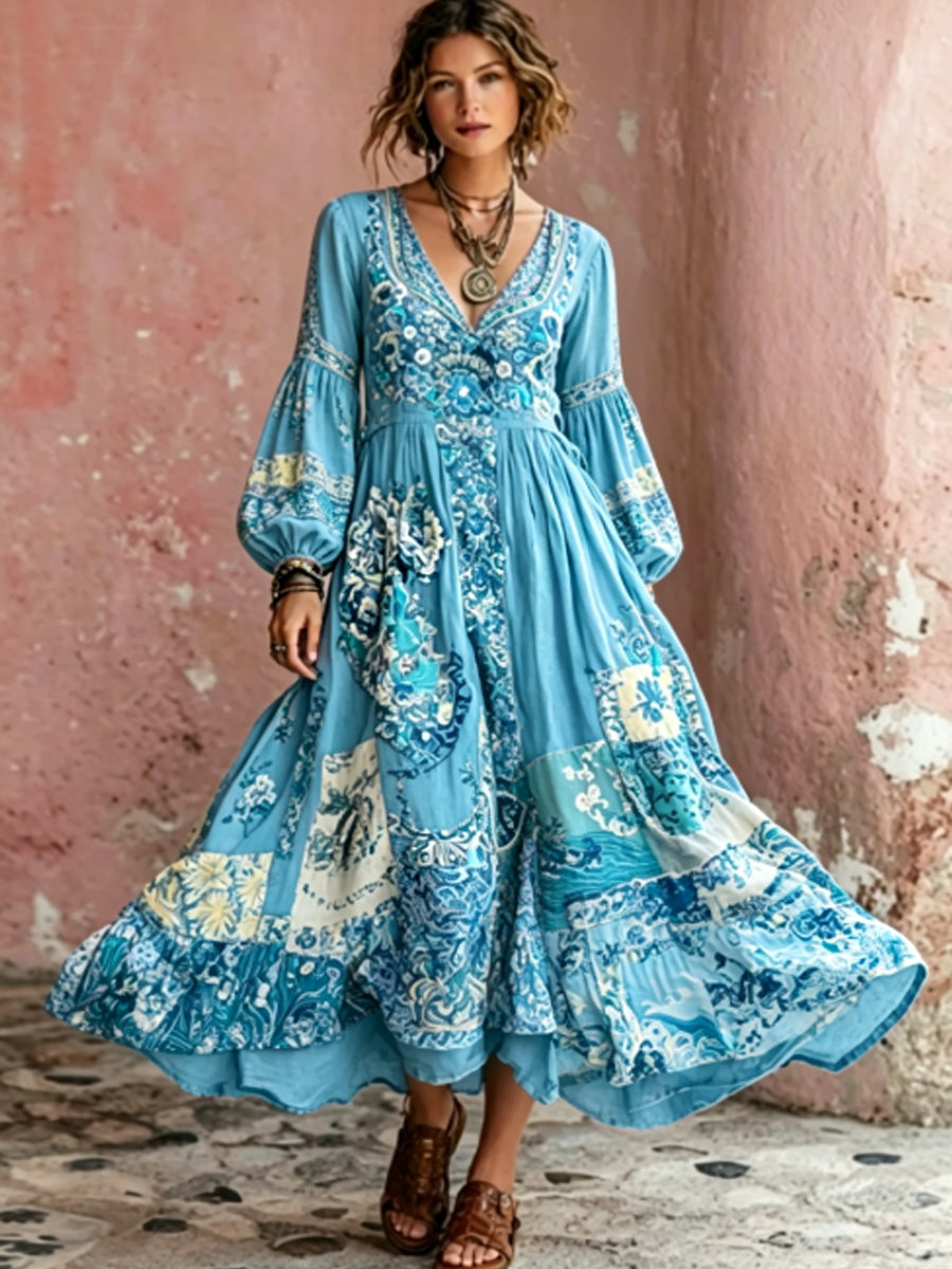 Bohème Floral Broderie Art V-Neck manches courtes Midi Robe des femmes
