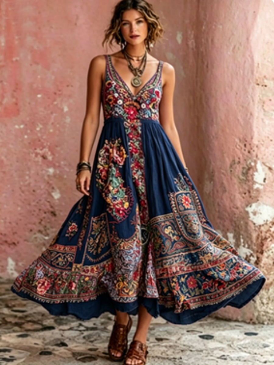 Robe mi-longue bohème pour femme, à col en V, manches courtes, avec broderie florale artistique