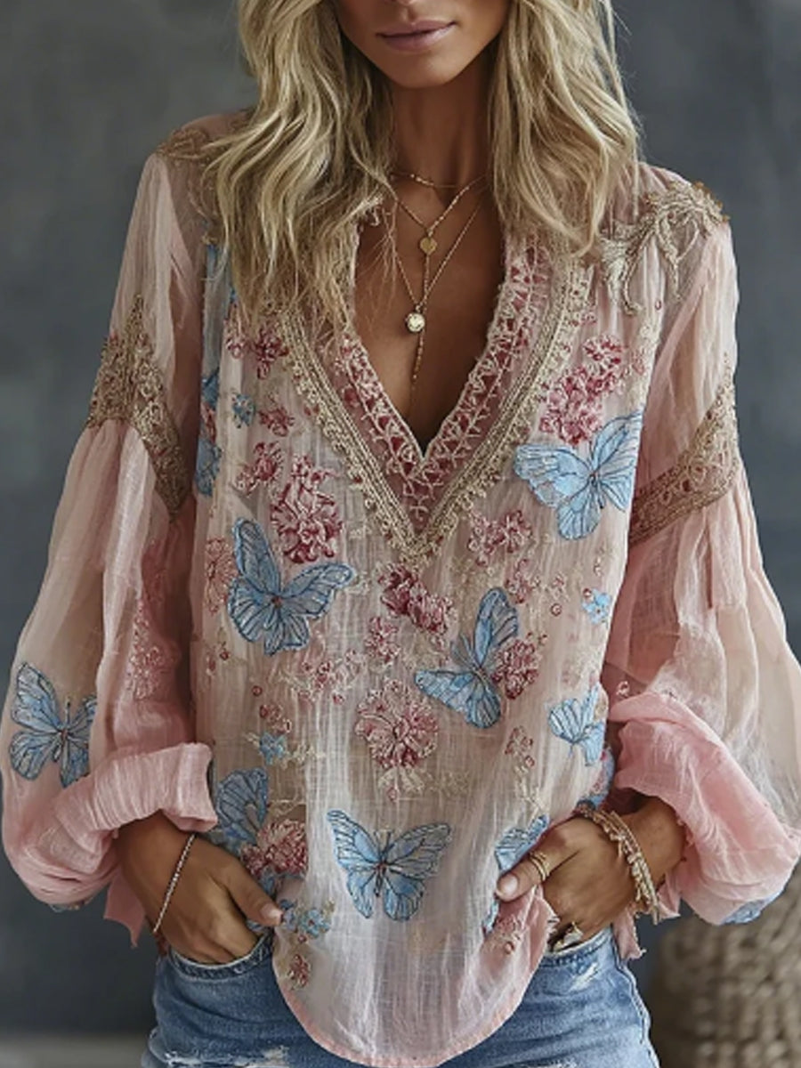 Hauts décontractés fluide en mélange de lin, imprimé artistique brodé de fleurs et de papillons, style vintage pour femme