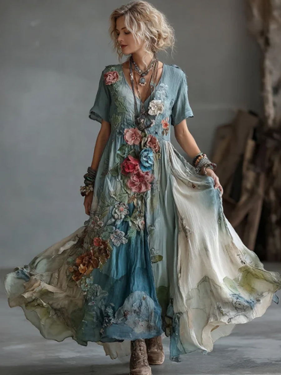 Robe maxi pour femme, style vintage, dégradé de fleurs brodées, en coton et lin