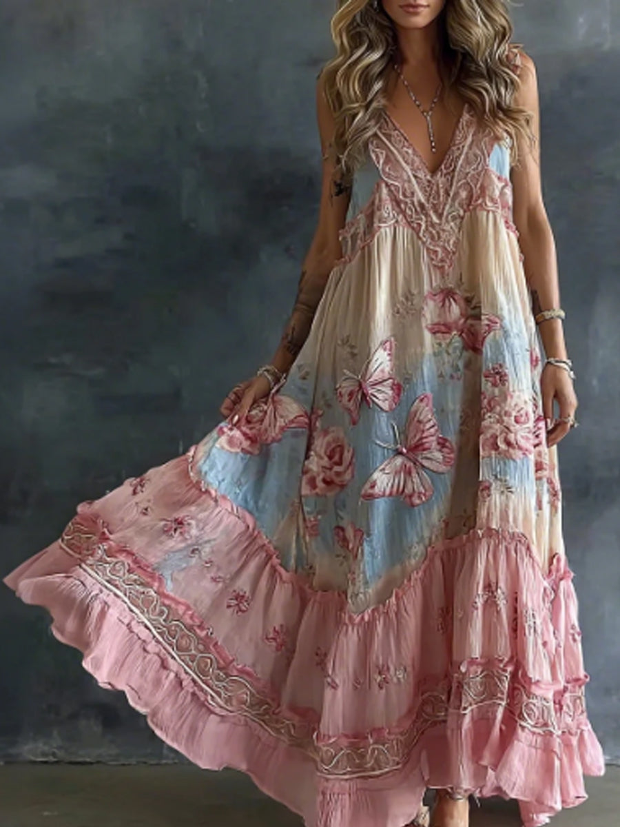 Robe maxi décontractée sans manches en mélange de lin fluide, imprimée d'art floral et de papillons, pour femme