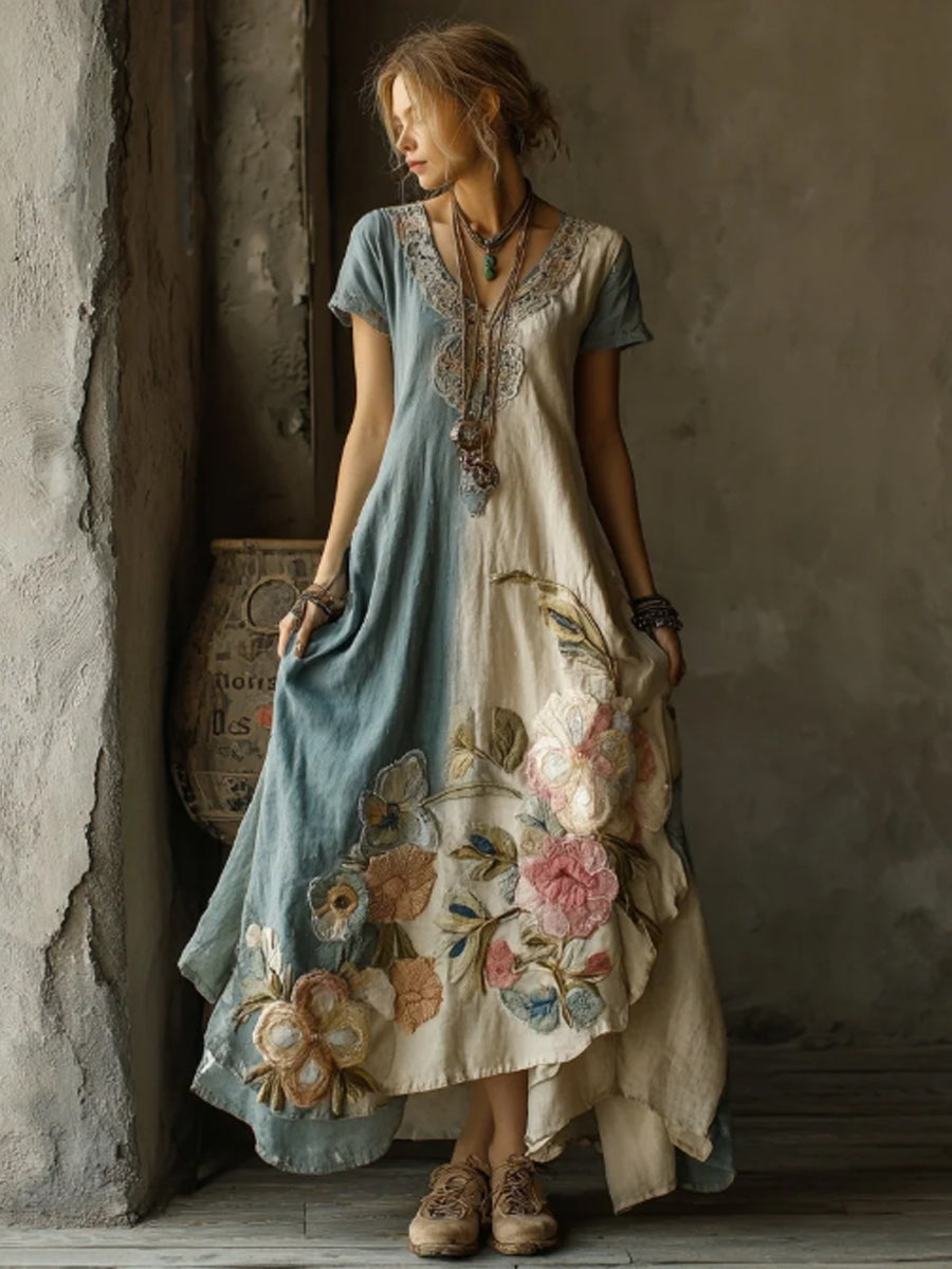 Robe rétro à manches courtes pour femmes, motif floral en blocs de couleur
