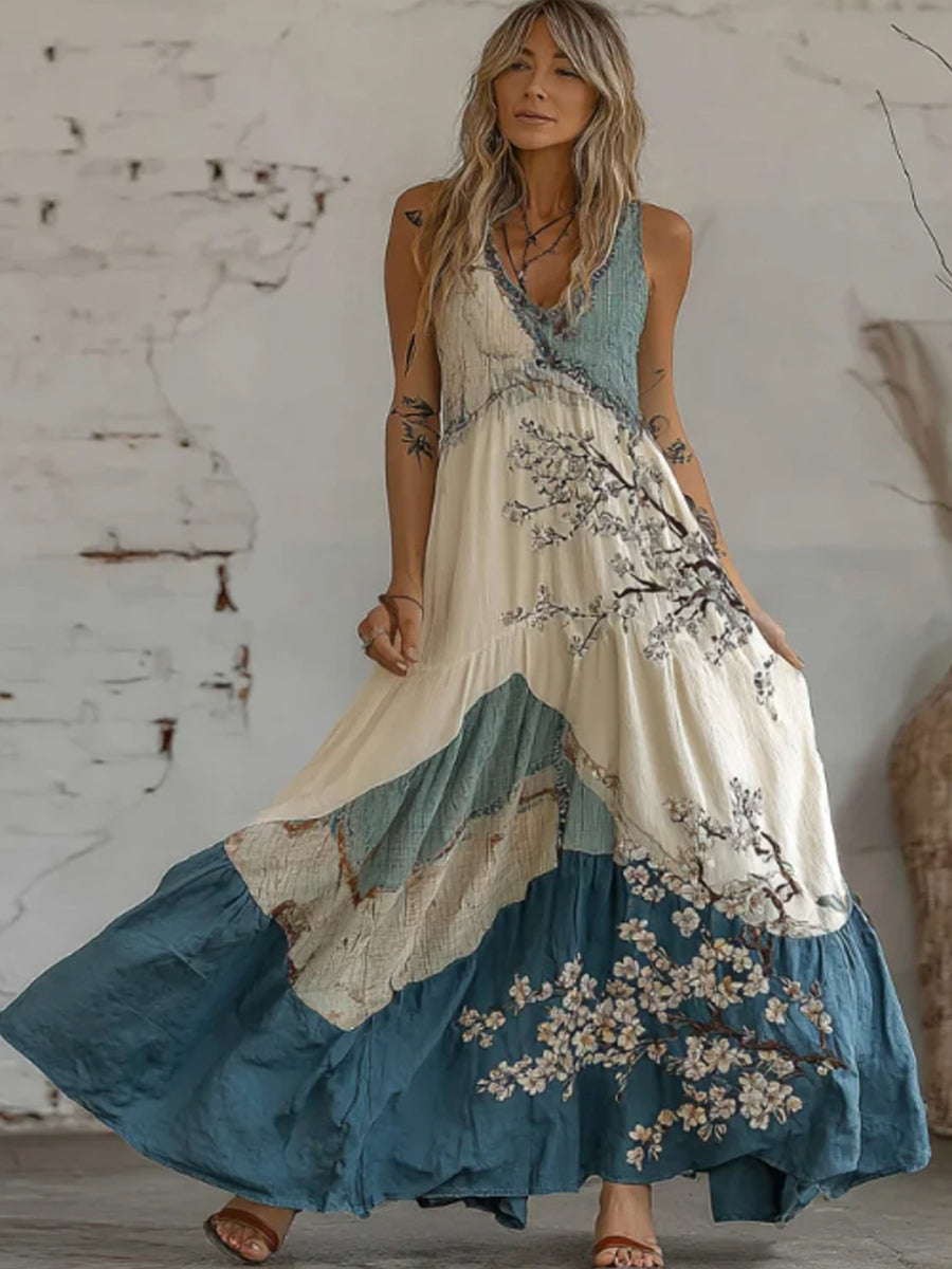 Robe longue en lin artistique aux cerisiers en fleurs pour femme