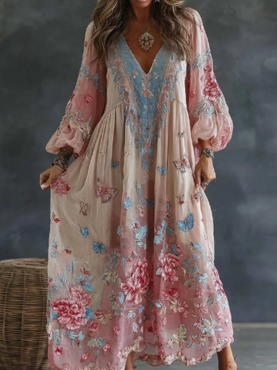 Robe maxi décontractée en mélange de lin fluide à imprimé floral et papillon, col en V, pour femme