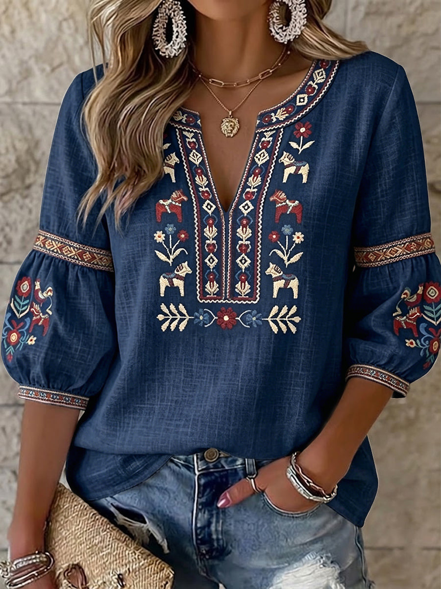 Damen-Top im Vintage-Stil mit schwedischem Midsommer-Blumenmuster und V-Ausschnitt