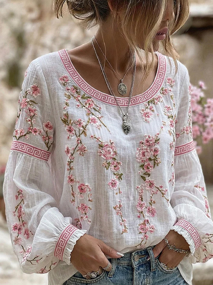 Top Femme Style Vintage Décontracté Coton-Lin avec Patchwork Brodé Floral et Imprimé