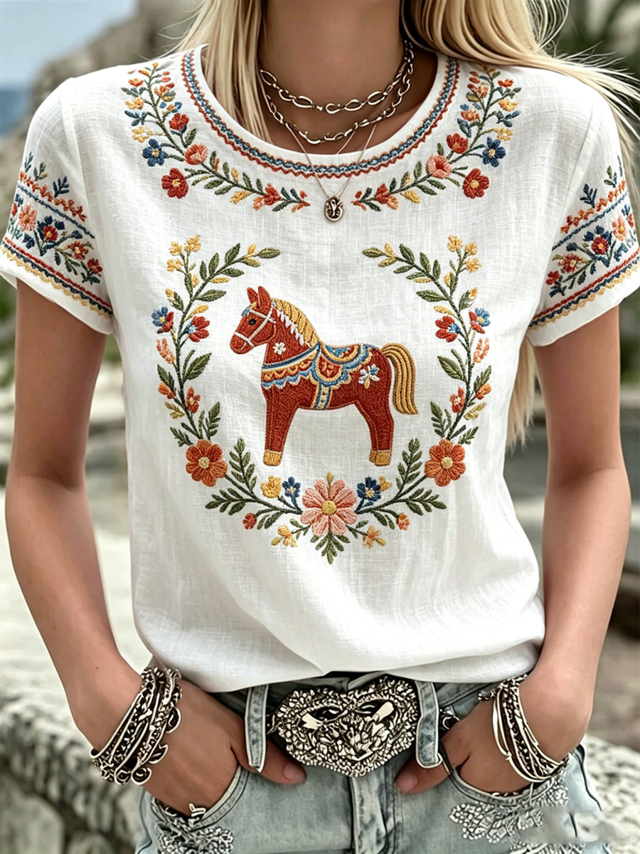 Damen schwedisches Mittsommer-Print Lässiges T-Shirt