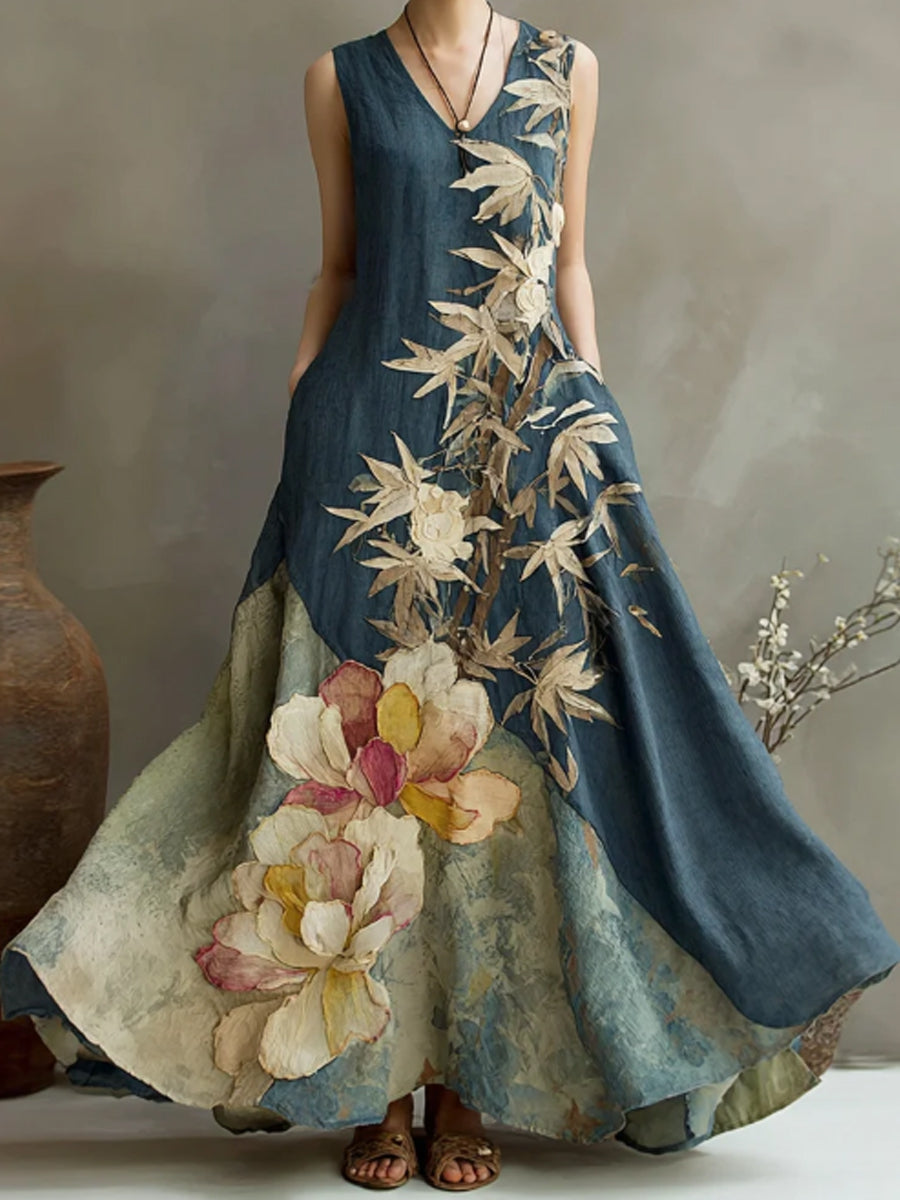 Vintage Floral et bambou Art Print lin robe des femmes