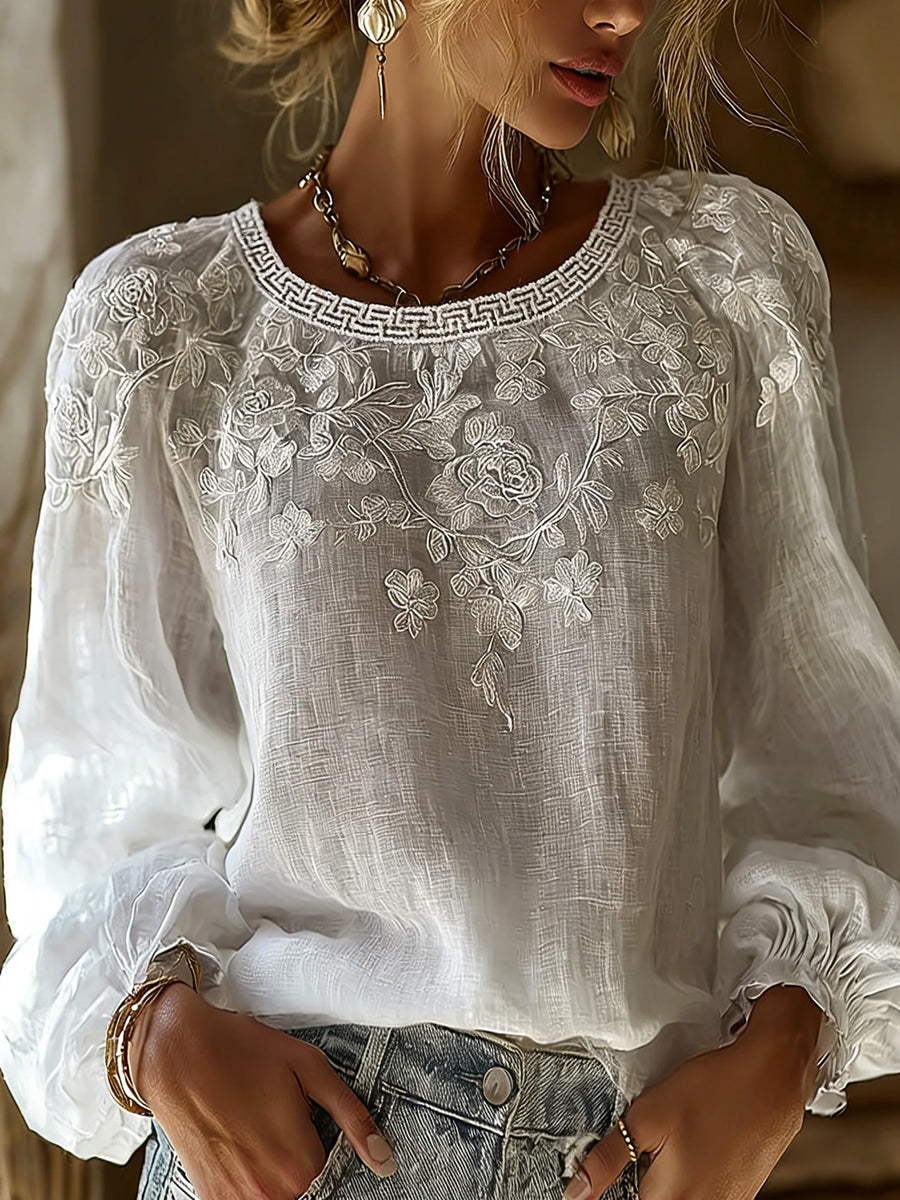 Haut décontracté pour femme, style vintage, en coton et lin, avec broderie florale et patchwork imprimé