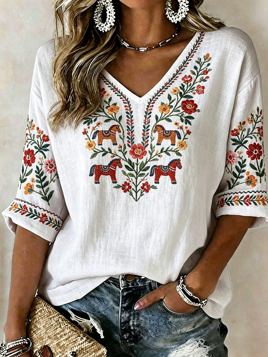 Damen schwedisches Mittsommer-Print Lässiges T-Shirt