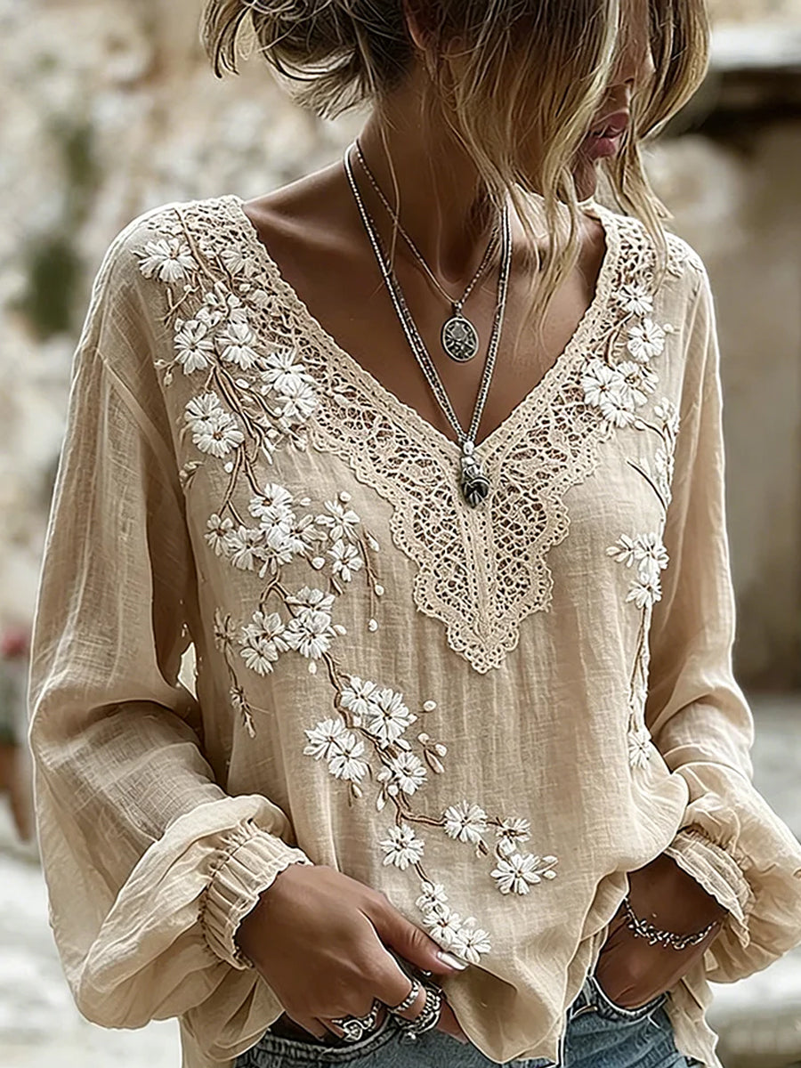 Haut décontracté pour femme, style vintage, en coton et lin, avec broderie florale et patchwork imprimé