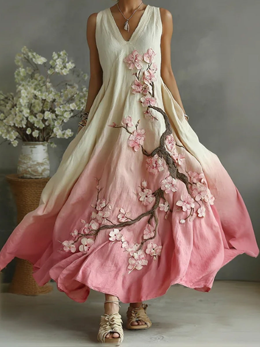 Vintage Cherry Blossoms brodé motif lin col V robe longue des femmes
