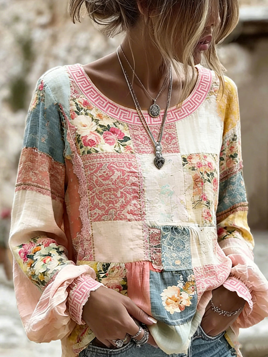 Haut décontracté pour femme, style vintage, en coton et lin, avec broderie florale et patchwork imprimé