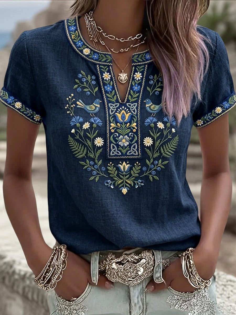 Damen-Retro-Art schwedisches Mittsommer-ethnisches florales T-Shirt mit V-Ausschnitt