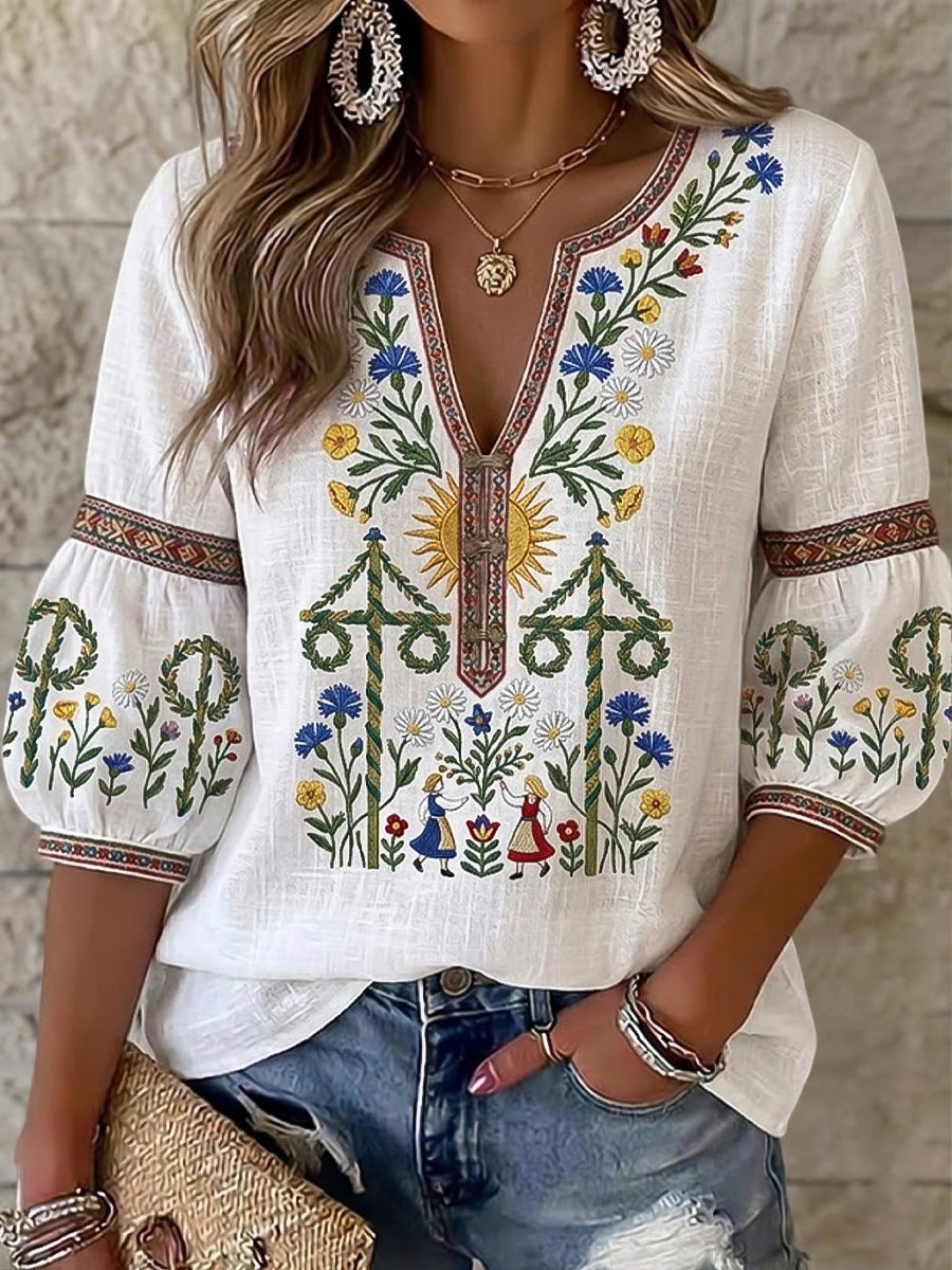 T-shirt décontracté asymétrique à col en V pour femmes, d’inspiration suédoise pour la Saint-Jean