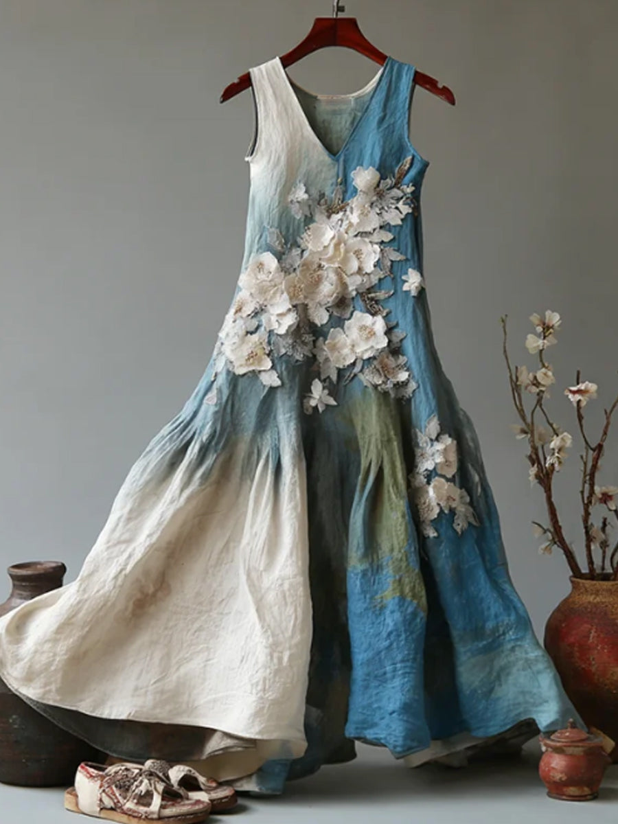 Vintage Japonais Floral Art Gradient Casual Lin Robe sans manches des femmes