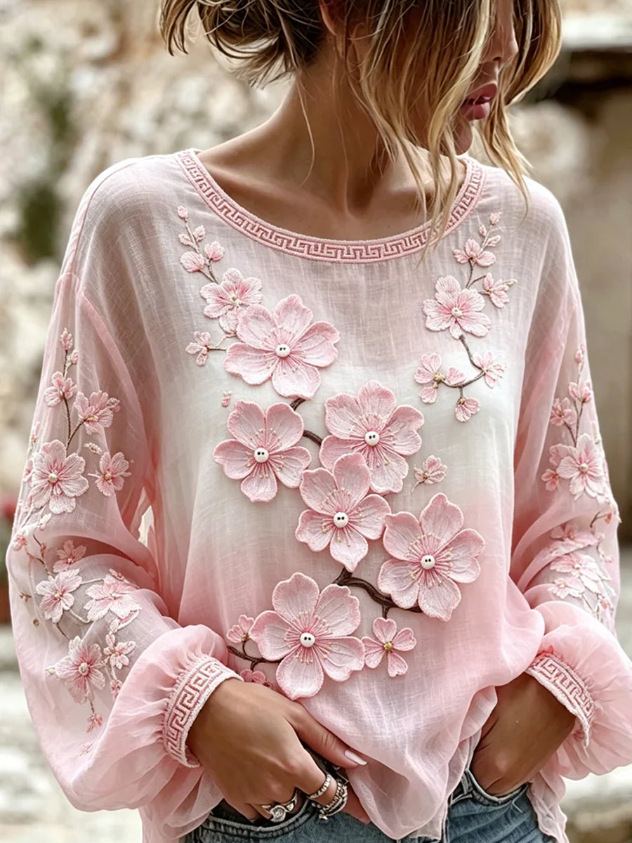Haut décontracté pour femme, style vintage, en coton et lin, avec broderie florale et patchwork imprimé