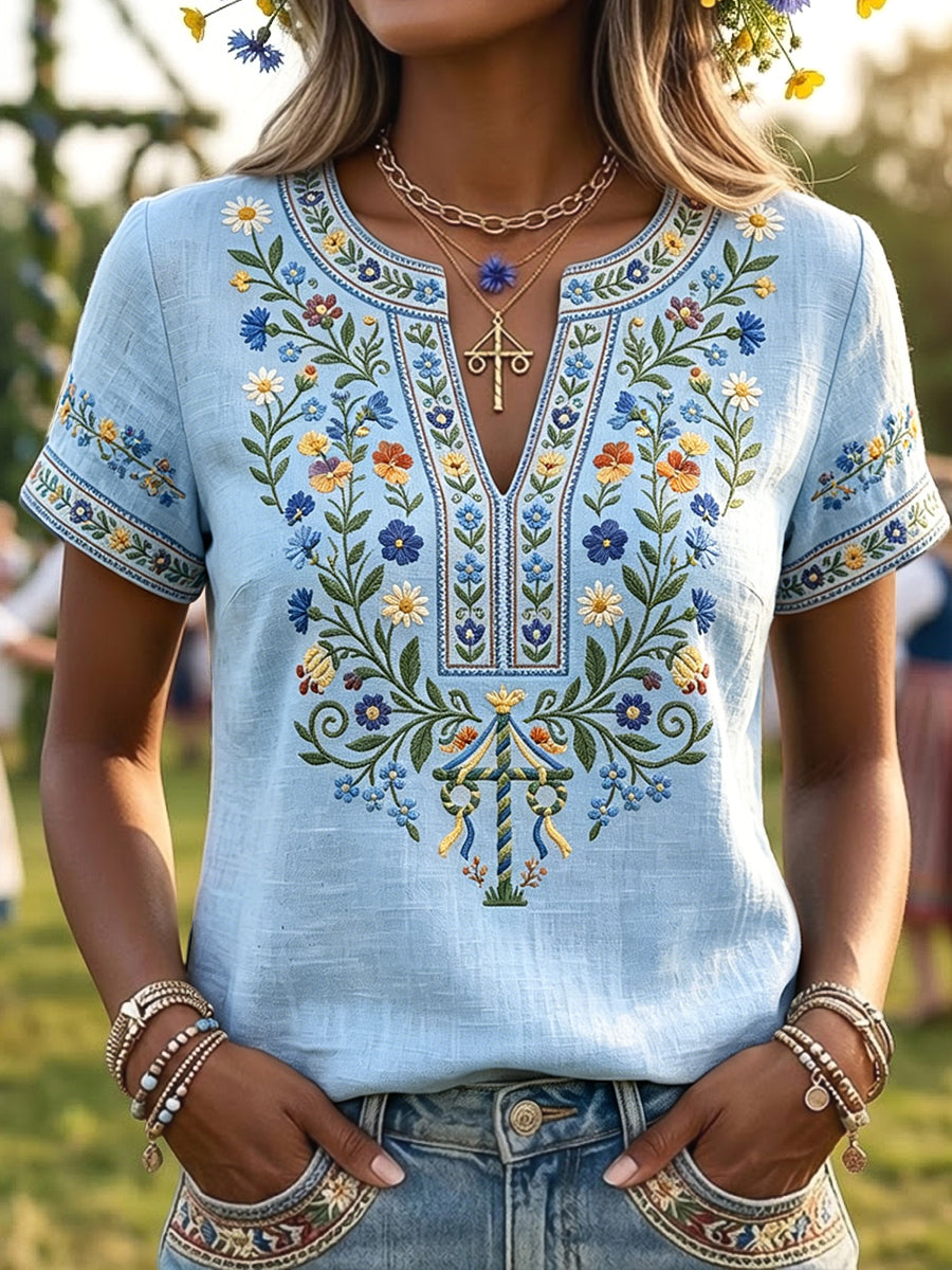 Damen-Retro-Art schwedischer Mittsommerpfahl-Blumen-V-Ausschnitt-T-Shirt