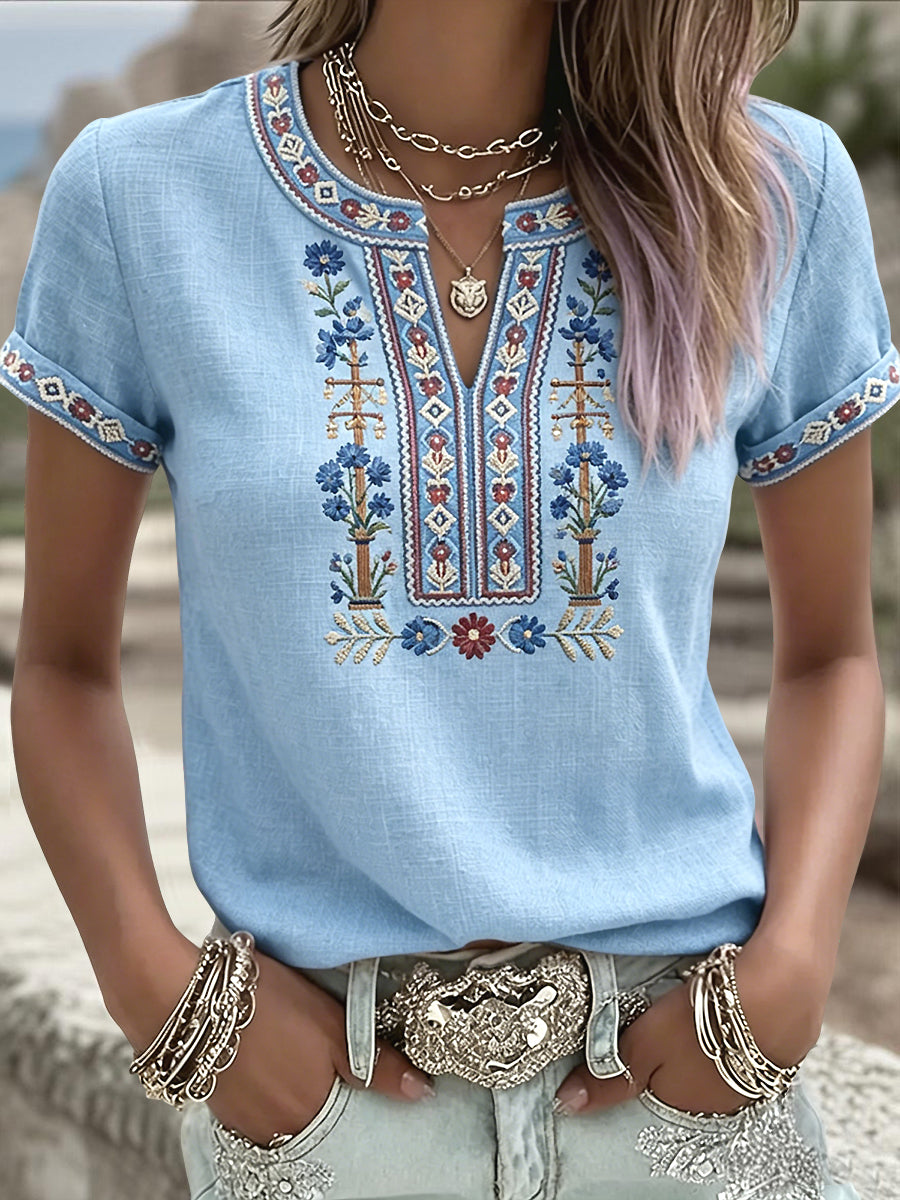 T-shirt décontracté à col en V pour femmes, motif floral symétrique de la Saint-Jean suédoise, style artistique
