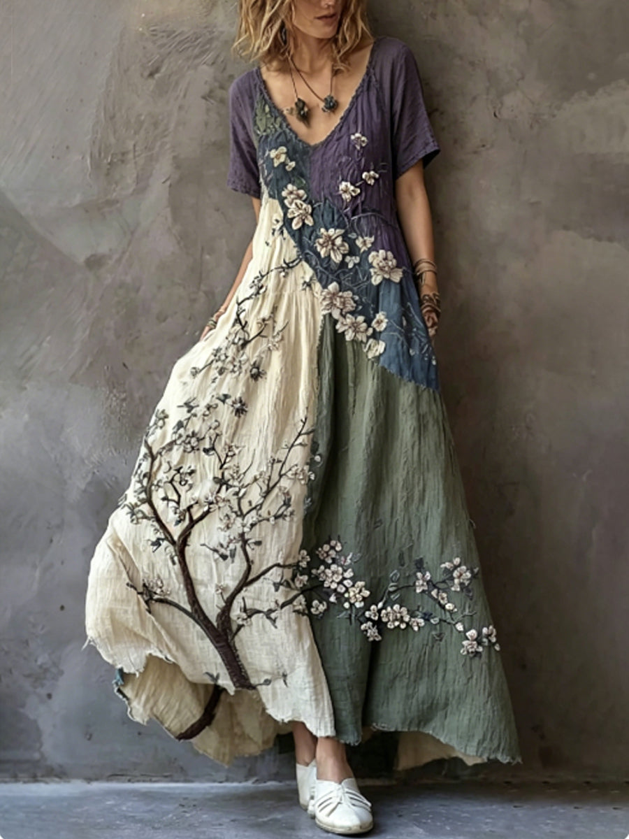 Les femmes rétro japonais Sakura artistique lin robe à manches courtes