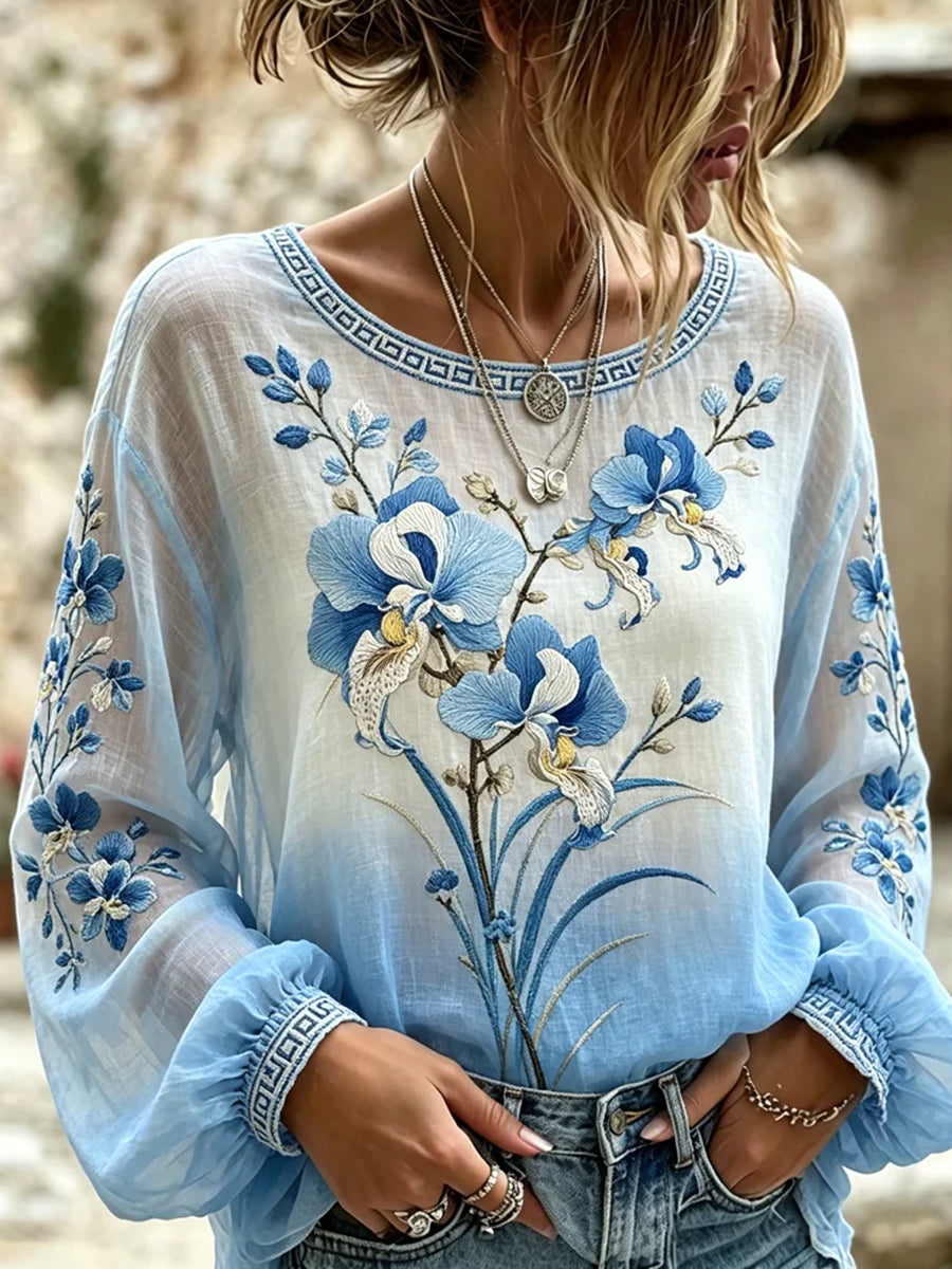 Haut décontracté pour femme, style vintage, en coton et lin, avec broderie florale et patchwork imprimé