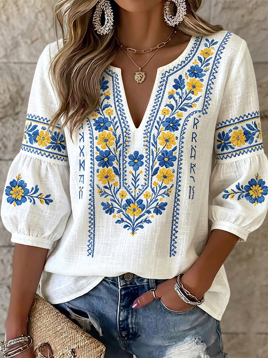 Damen-Retro-künstlerisches schwedisches Midsommer-Blumen-V-Ausschnitt-Top
