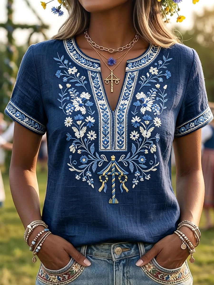 Damen-Retro-schwedisches Midsommer-Blumenkunst-V-Ausschnitt-T-Shirt