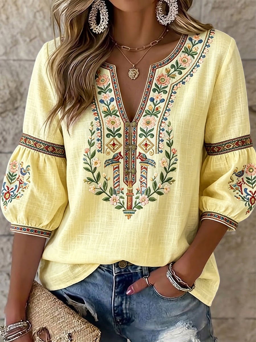 Damen-Retro-schwedische Midsommer-Bluse mit floraler symmetrischer Kunstoptik und V-Ausschnitt