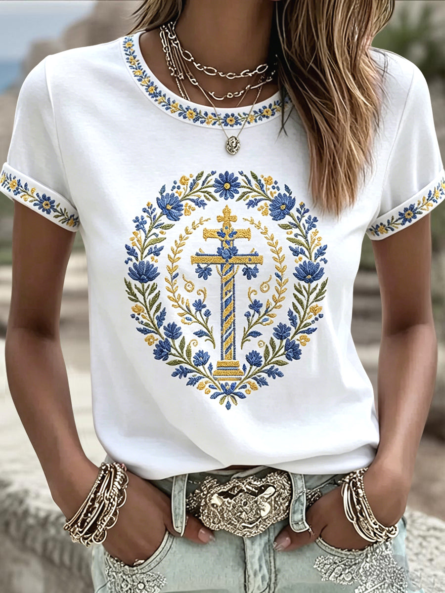 T-shirt décontracté pour femmes, style suédois, motif floral de la Saint-Jean, artisanat