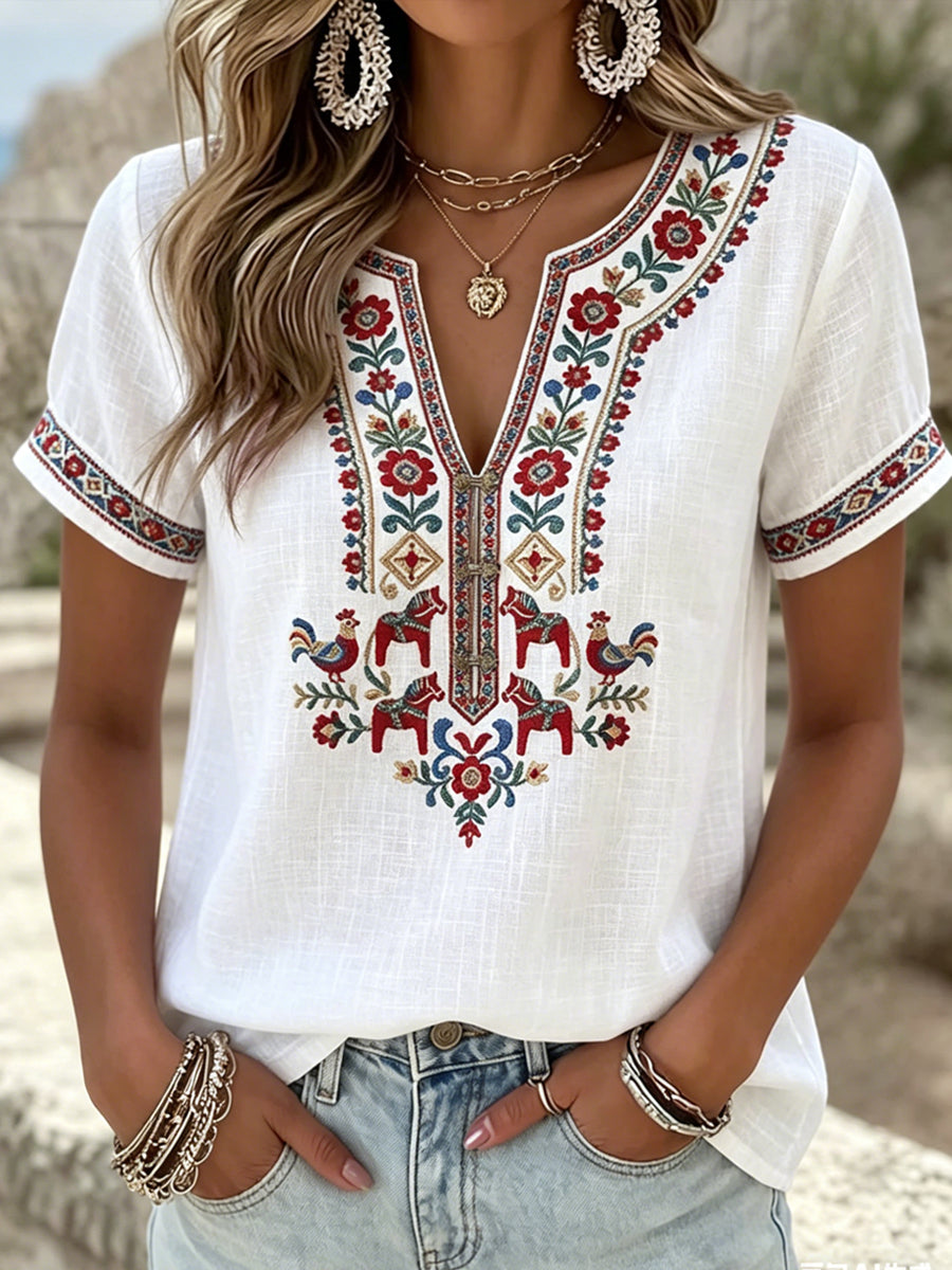 Damen-T-Shirt im Vintage-Stil aus Schweden, symmetrisches Blumenmuster, V-Ausschnitt