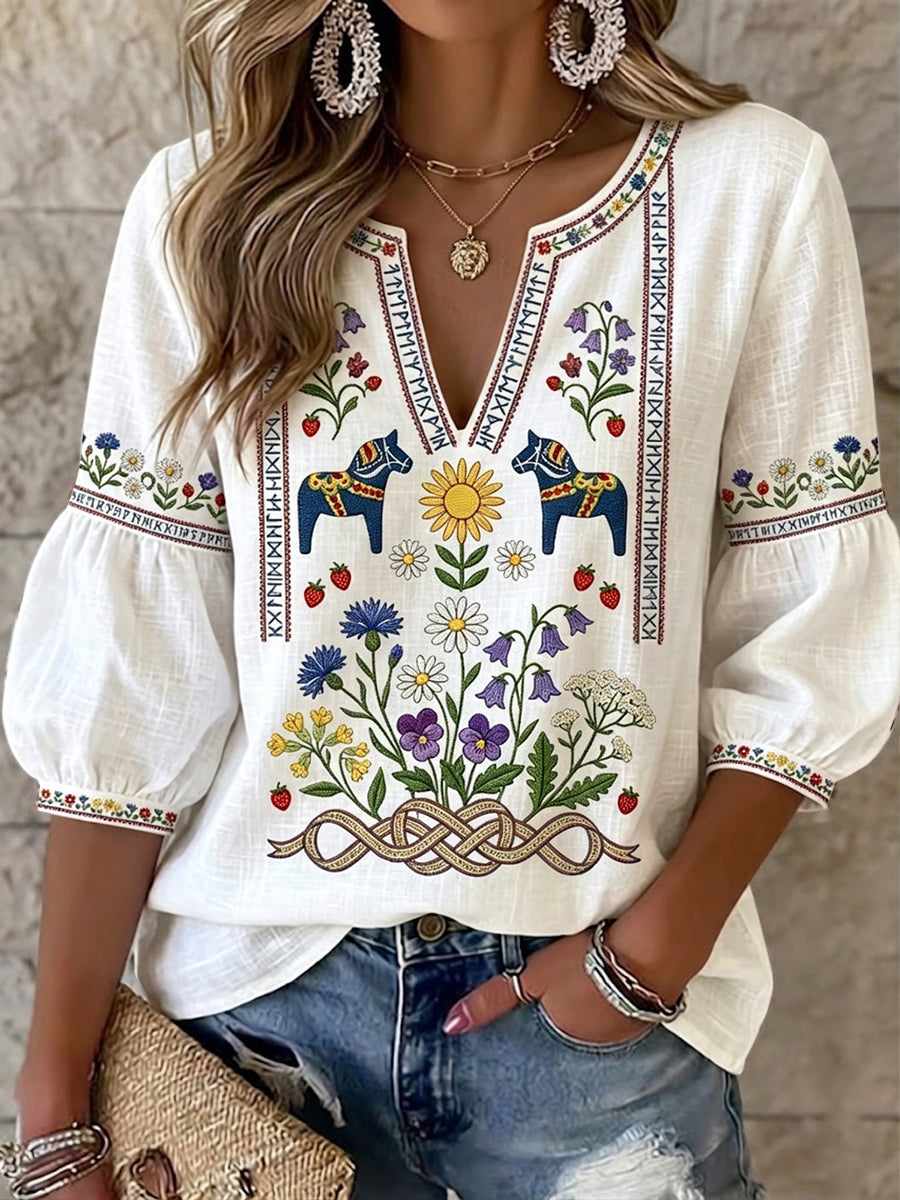 Damen-Top im Vintage-Stil mit schwedischem Mittsommer-Karussell-Blumenmuster und V-Ausschnitt