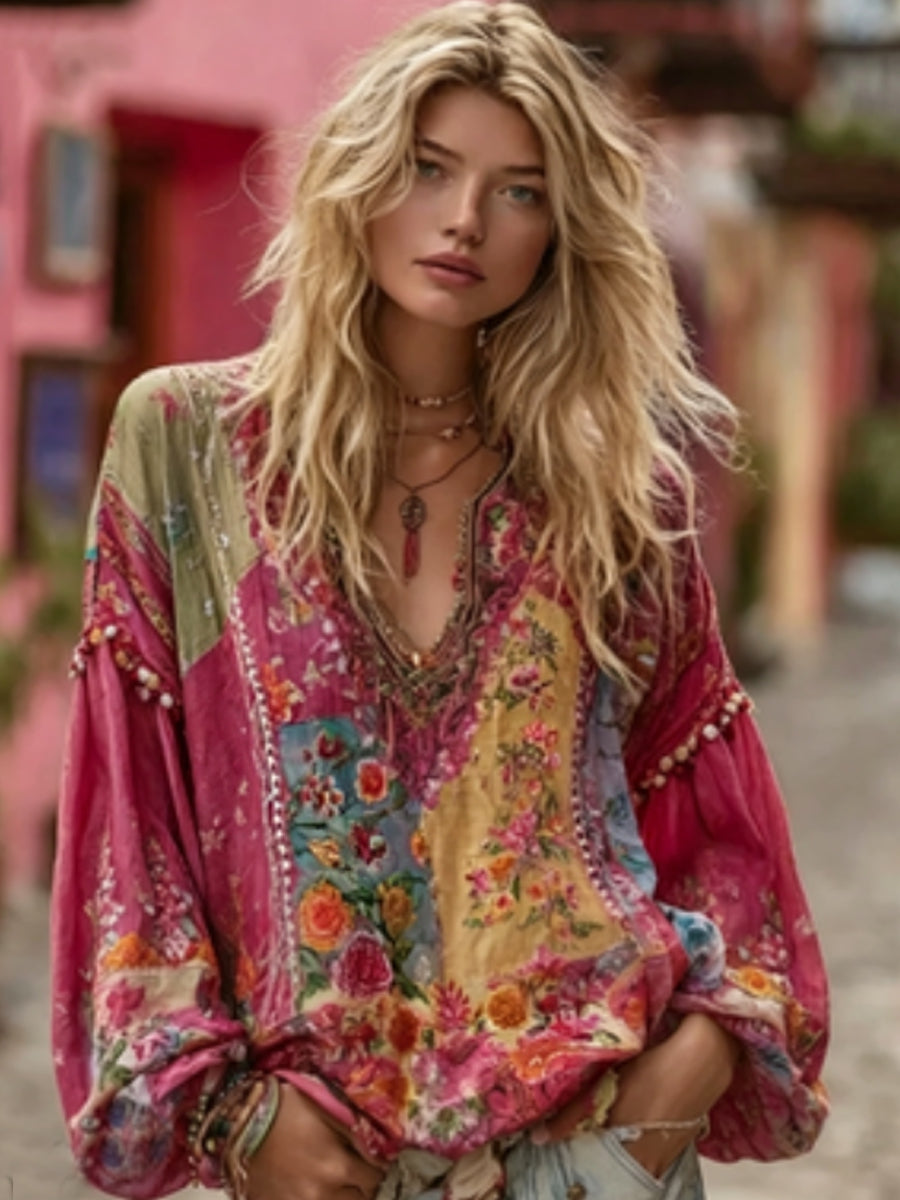 Chemise bohème pour femme en mélange de lin, à col en V, avec broderie florale et blocs de couleurs
