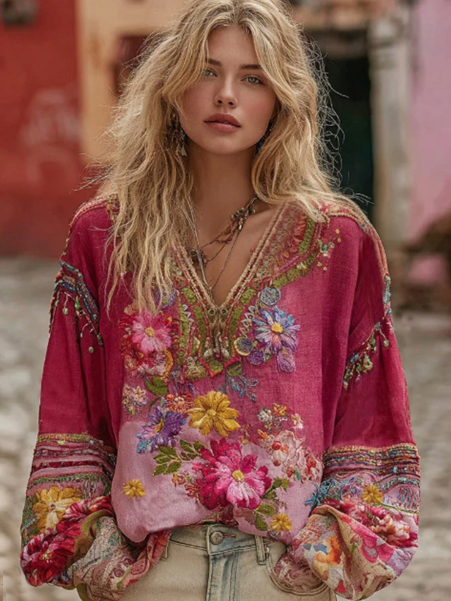 Chemise bohème pour femme en mélange de lin, à col en V, avec broderie florale et blocs de couleurs