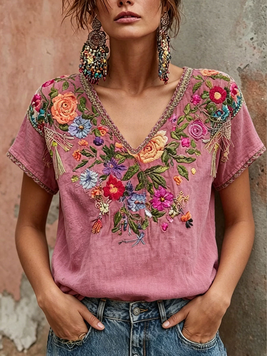 T-shirt imprimé d'art floral rose sensibilisation au cancer du sein chez les femmes