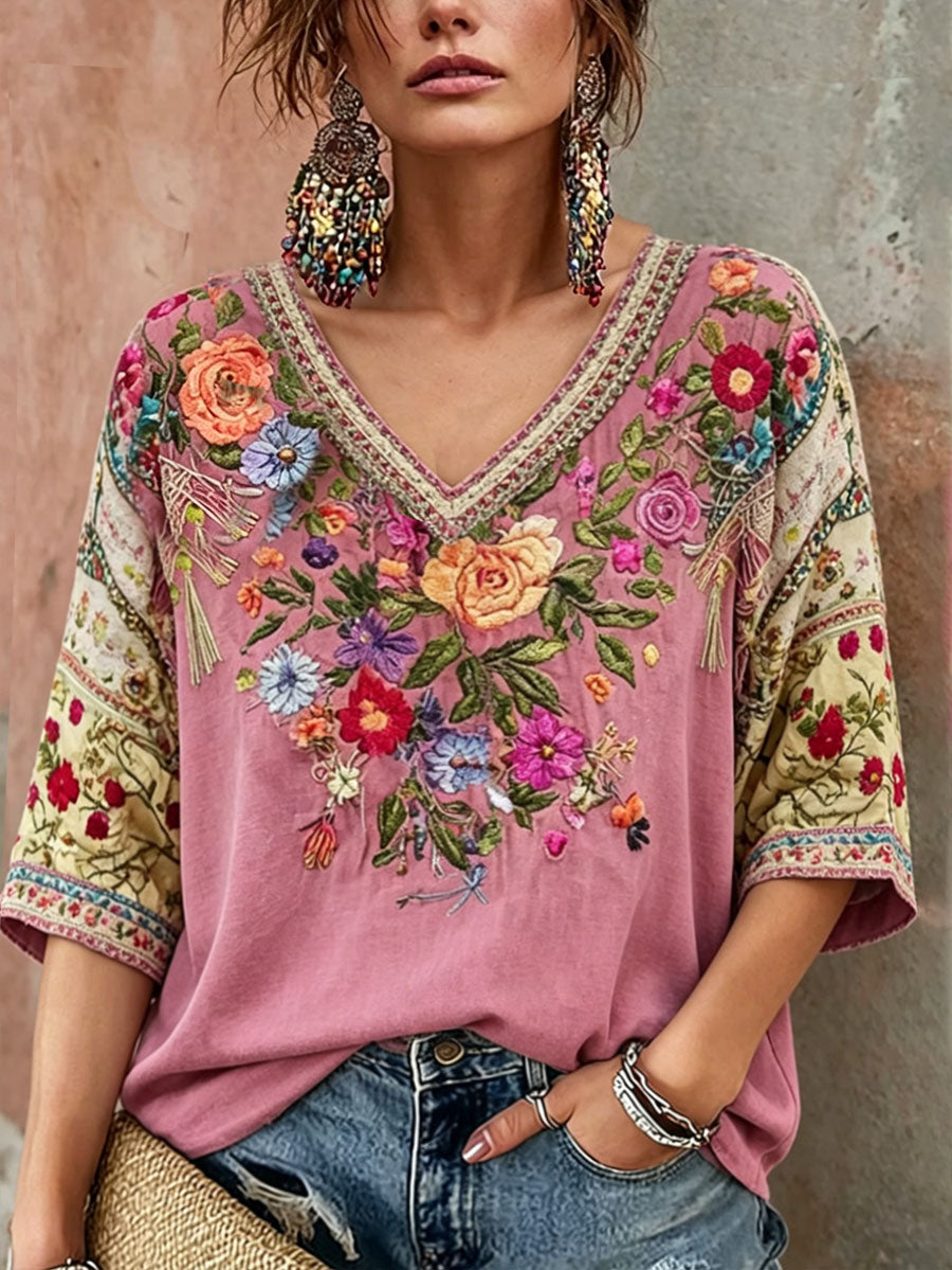 T-shirt imprimé d'art floral rose sensibilisation au cancer du sein chez les femmes