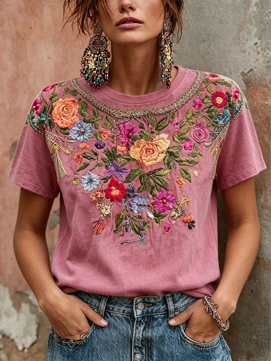 T-shirt imprimé d'art floral rose sensibilisation au cancer du sein chez les femmes