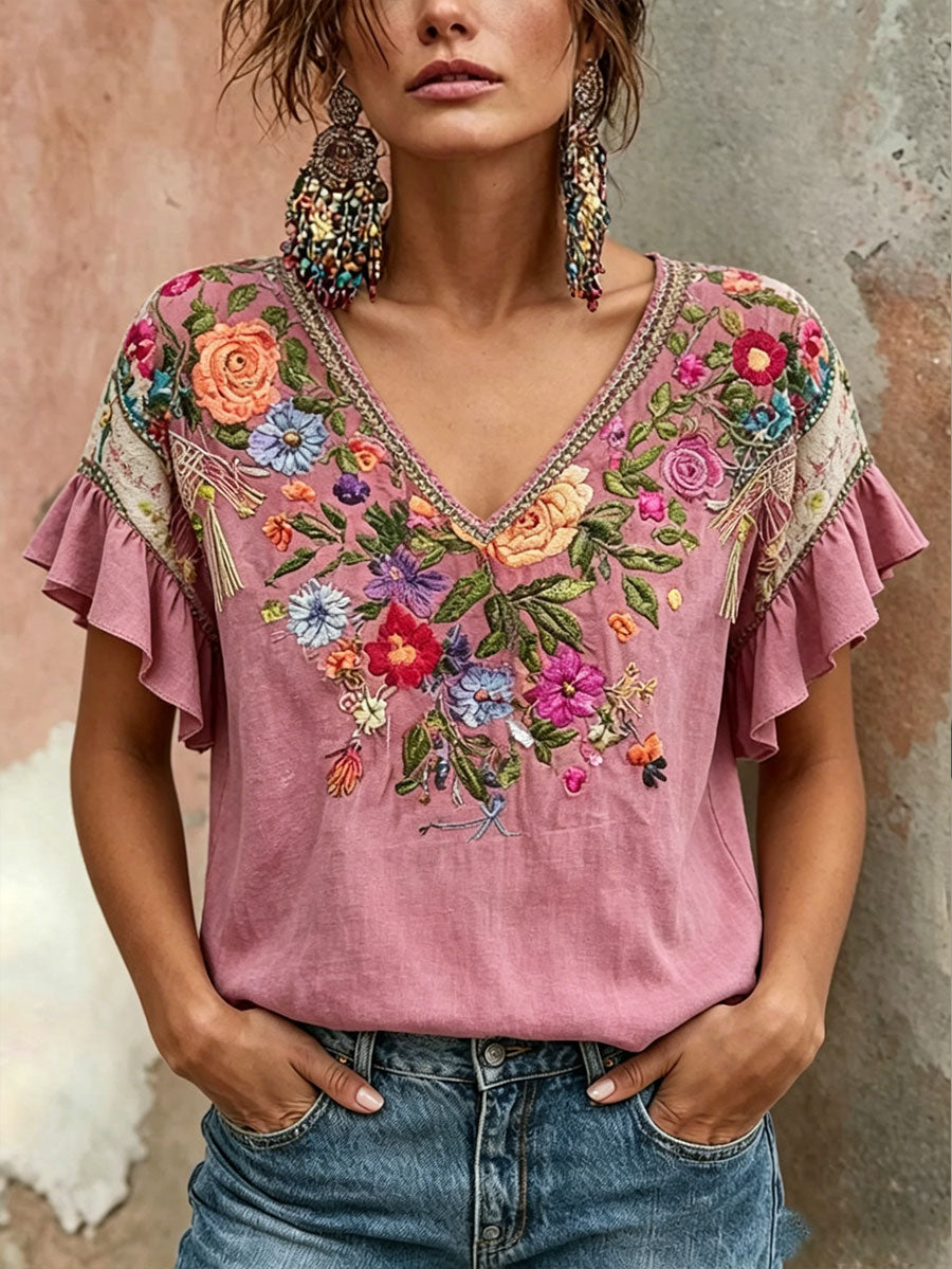 T-shirt imprimé d'art floral rose sensibilisation au cancer du sein chez les femmes