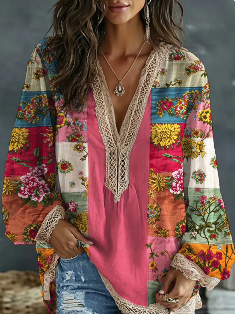 Chemise bohème pour femmes en mélange de lin, à broderie florale, contraste de couleurs, col en V, manches longues