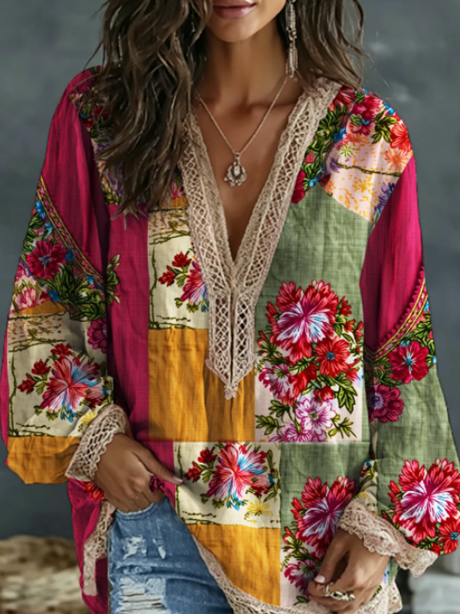 Bohème Floral Broderie Art Contraste Couleur Mélange de Lin V-Cou Chemise à Manches Longues