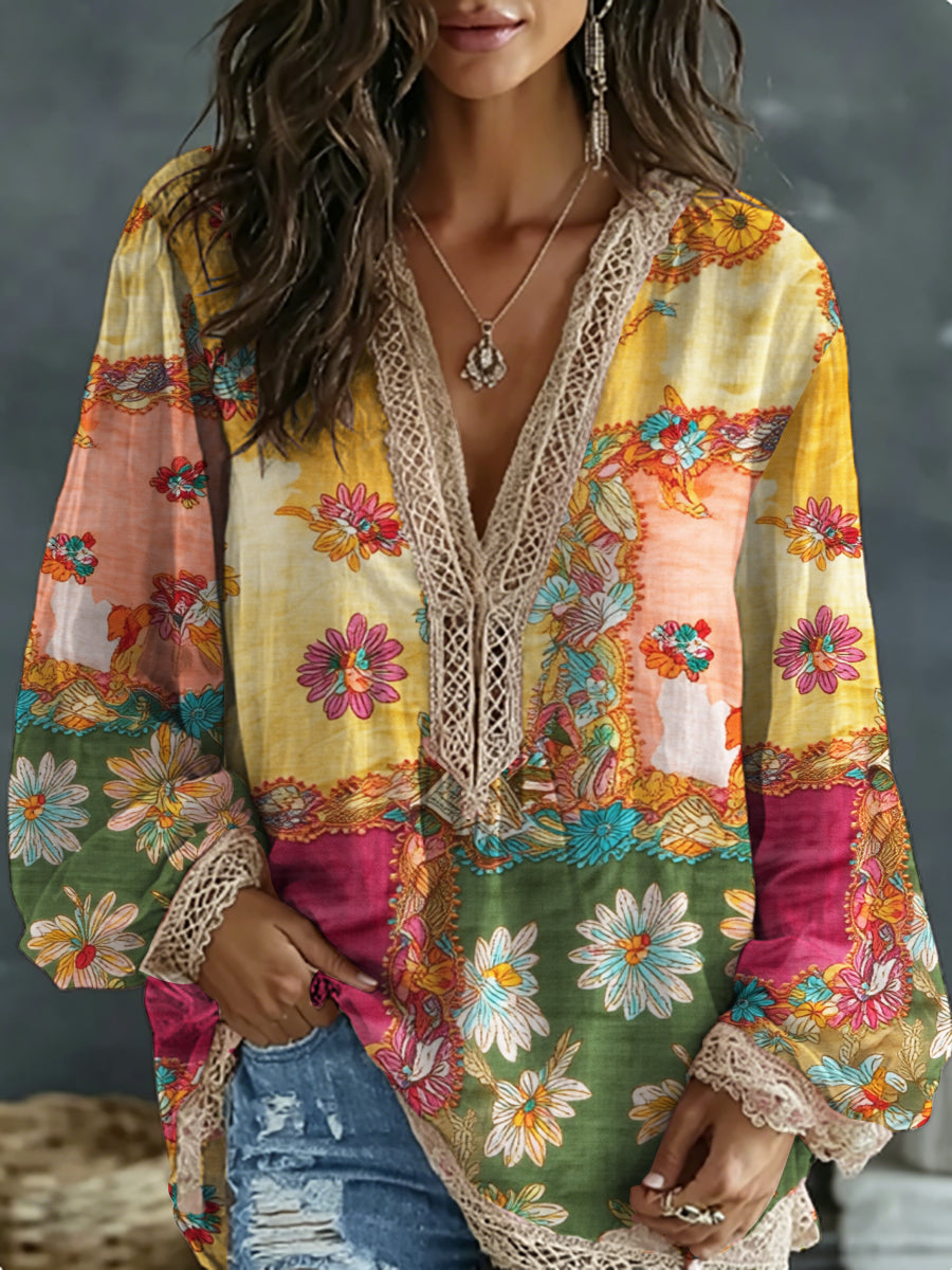 Chemise bohème pour femmes en mélange de lin, à broderie florale, contraste de couleurs, col en V, manches longues